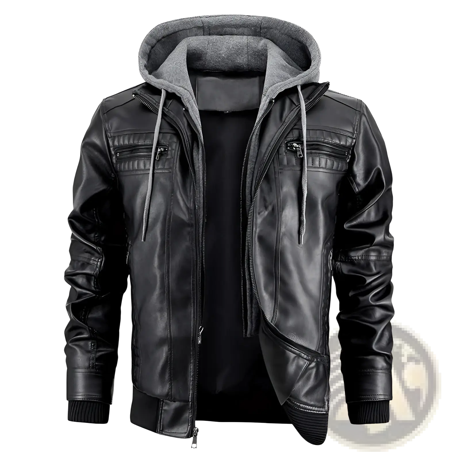 Men’s black faux leather hooded jacket with gray fleece lining and drawstrings for warmth and style