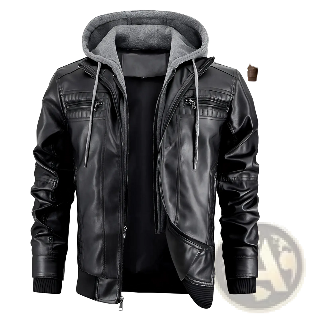 Men’s hooded pu leather jacket in black with gray fleece lining and adjustable drawstrings for added warmth and style
