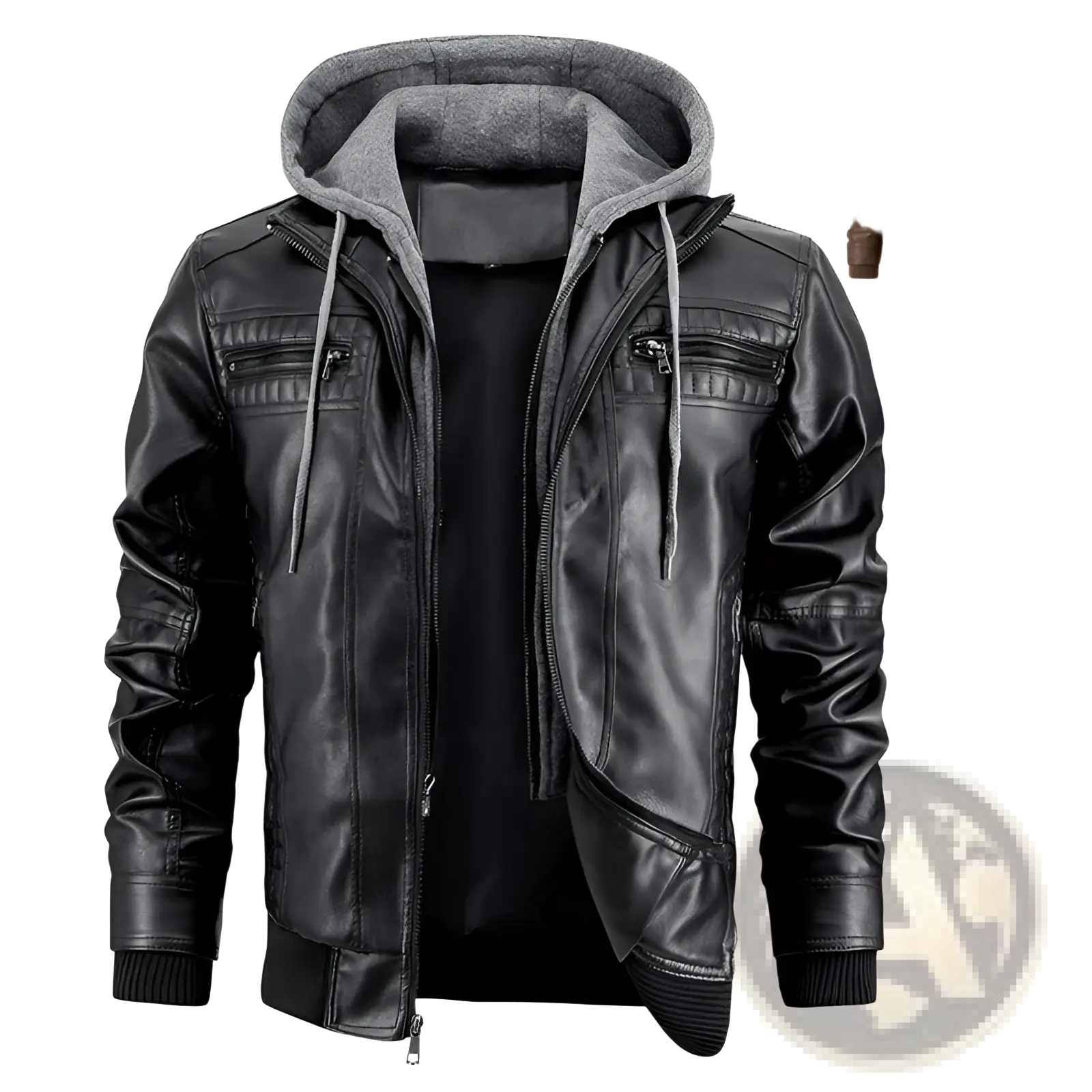 Men’s hooded pu leather jacket in black with gray fleece lining and adjustable drawstrings for added warmth and style