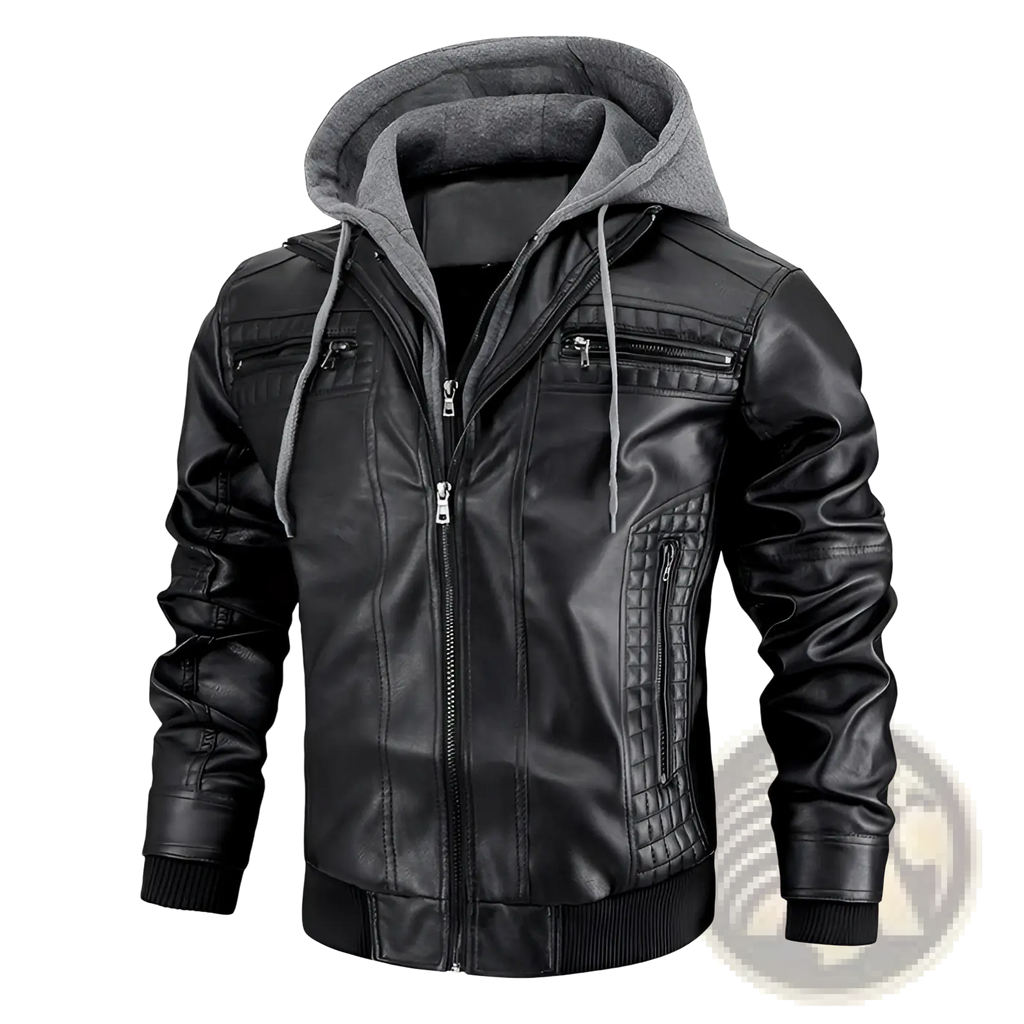 Men’s hooded pu leather jacket in black with gray fleece lining and drawstrings for added warmth and style