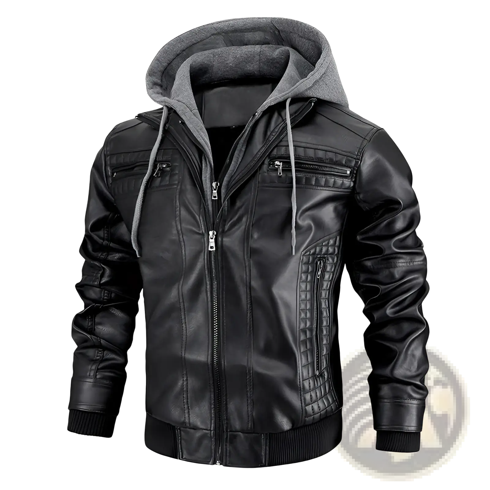Men’s hooded pu leather jacket in black with gray fleece lining and drawstrings for added warmth and style