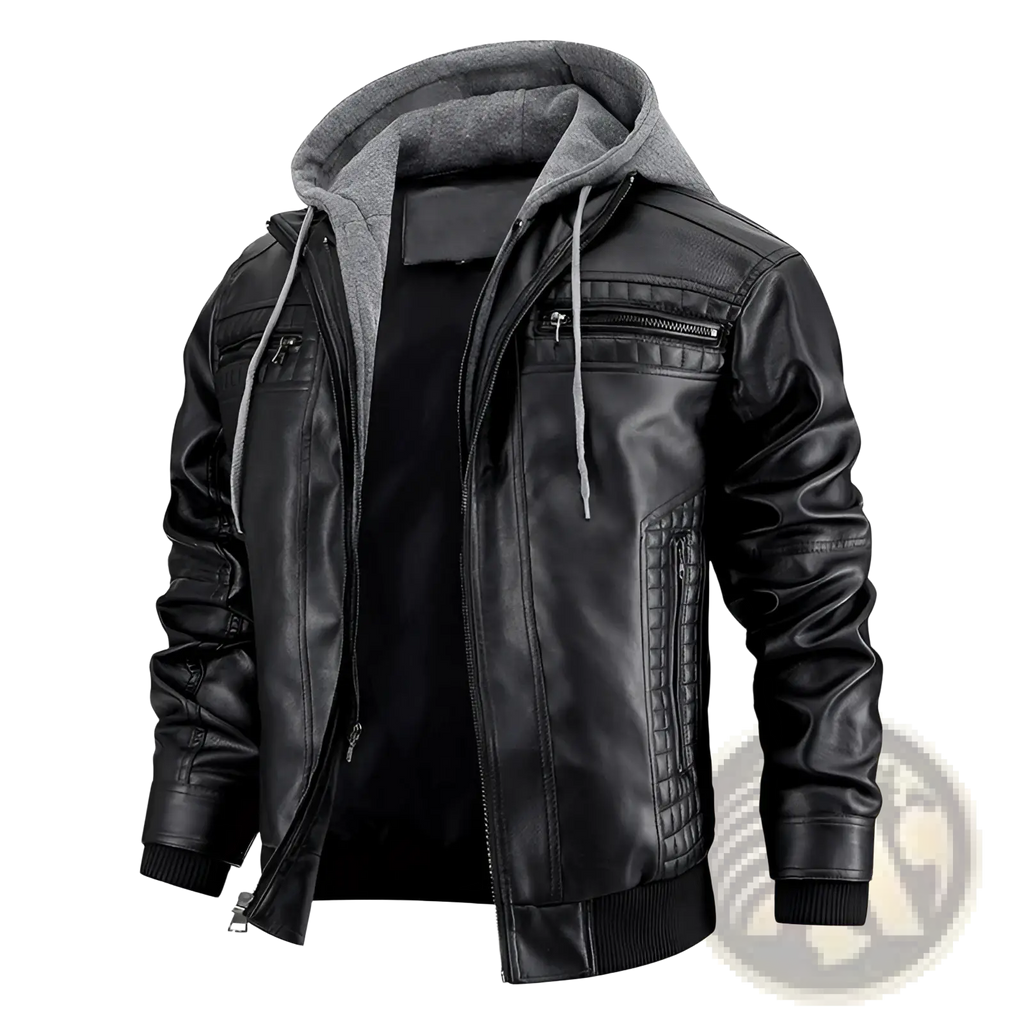 Men’s hooded pu leather jacket in black with gray fleece lining and matching drawstrings for cold weather wear
