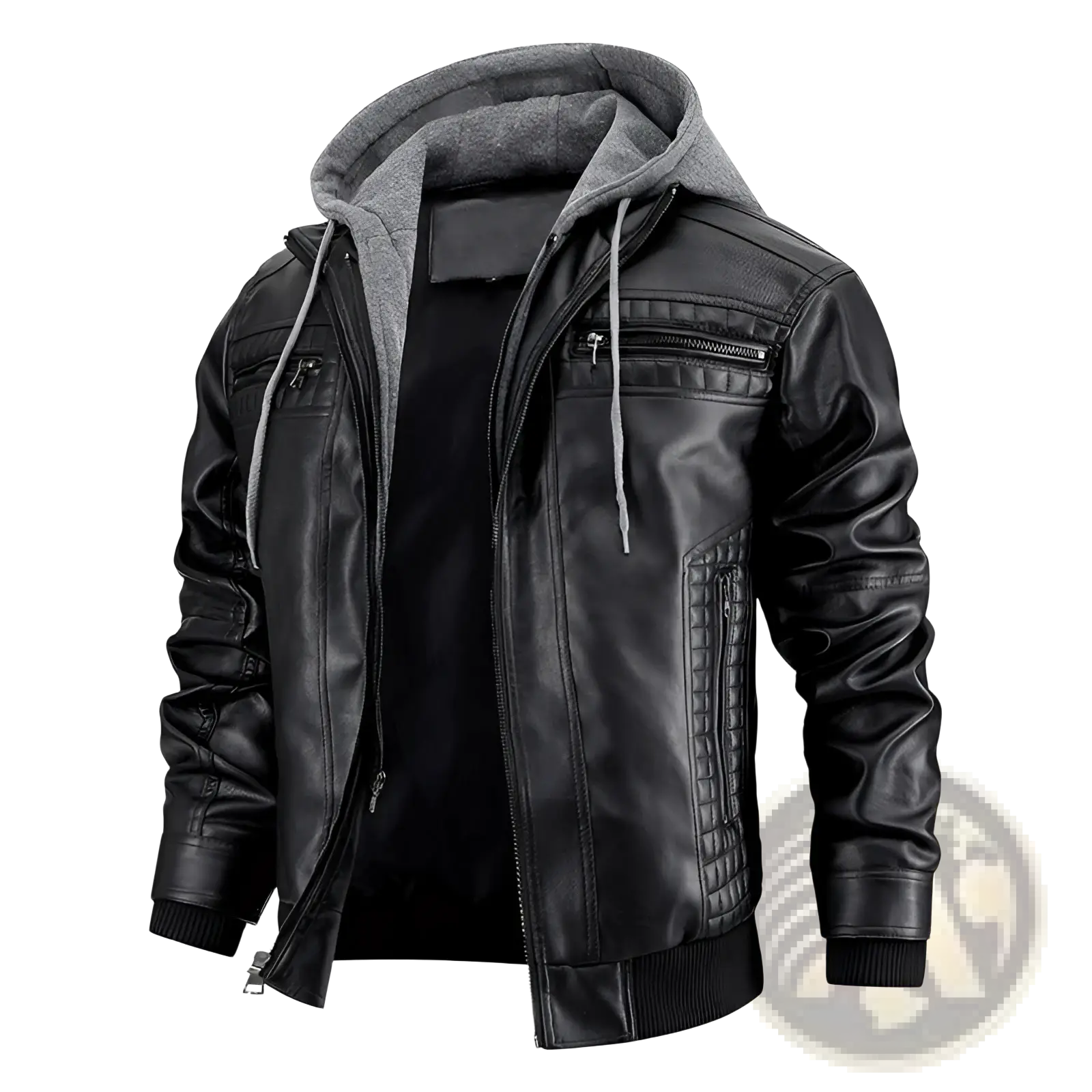 Men’s hooded pu leather jacket in black with gray fleece lining and matching drawstrings for cold weather wear