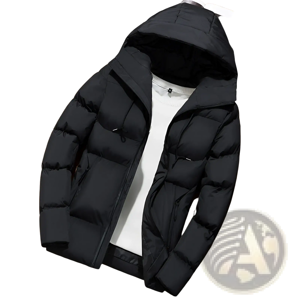 Men’s black hooded quilted puffer jacket with zipper closure designed for warmth and style