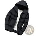 Men’s black hooded quilted puffer jacket with zipper closure designed for warmth and style