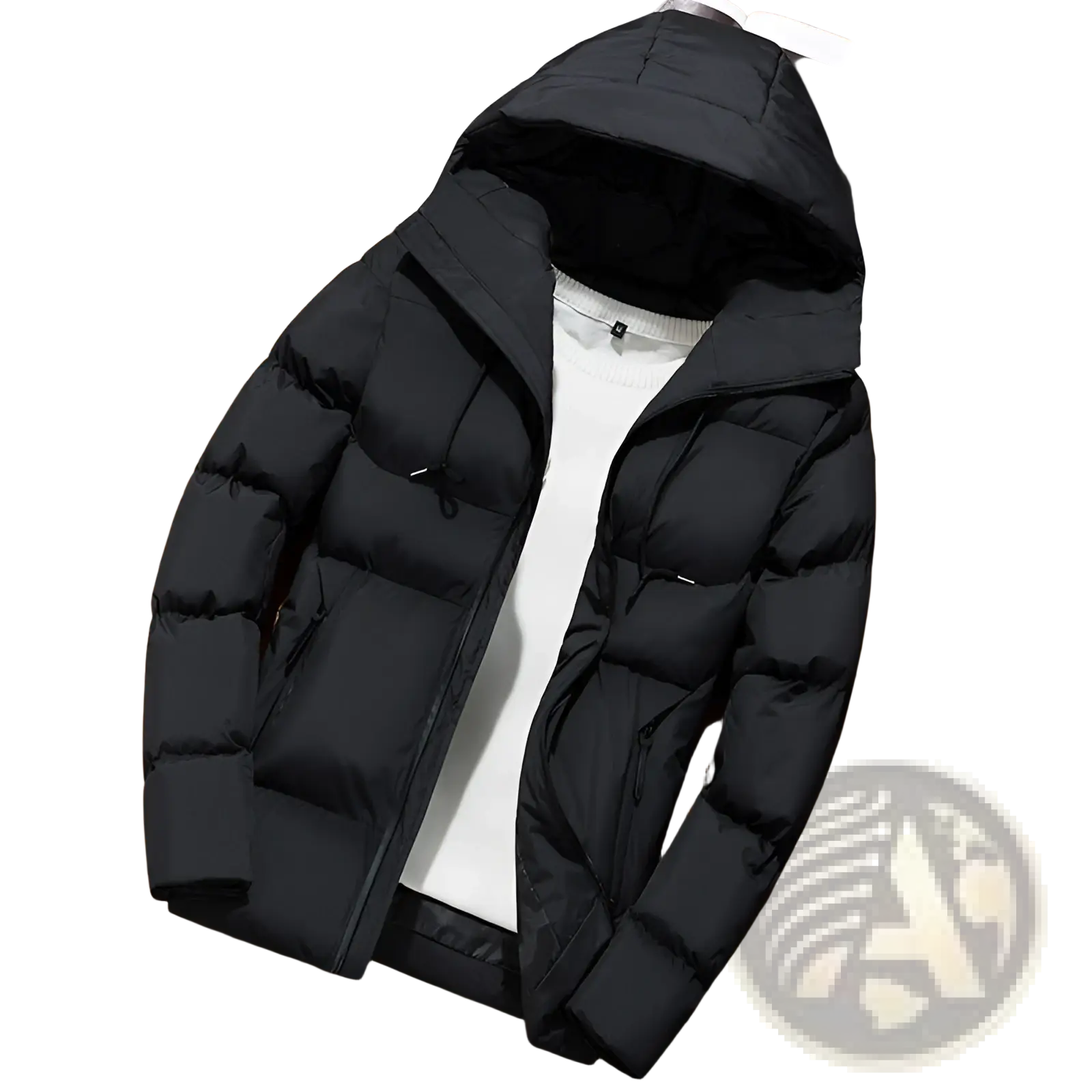 Men’s black hooded quilted puffer jacket with zipper closure designed for warmth and style