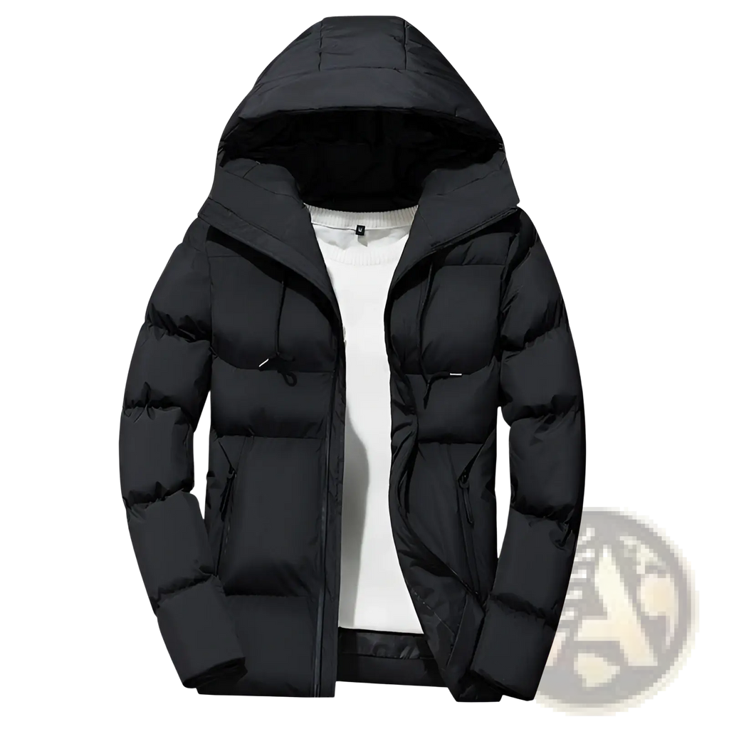Men’s black hooded quilted puffer jacket with zipper closure featuring insulated material for cold weather use