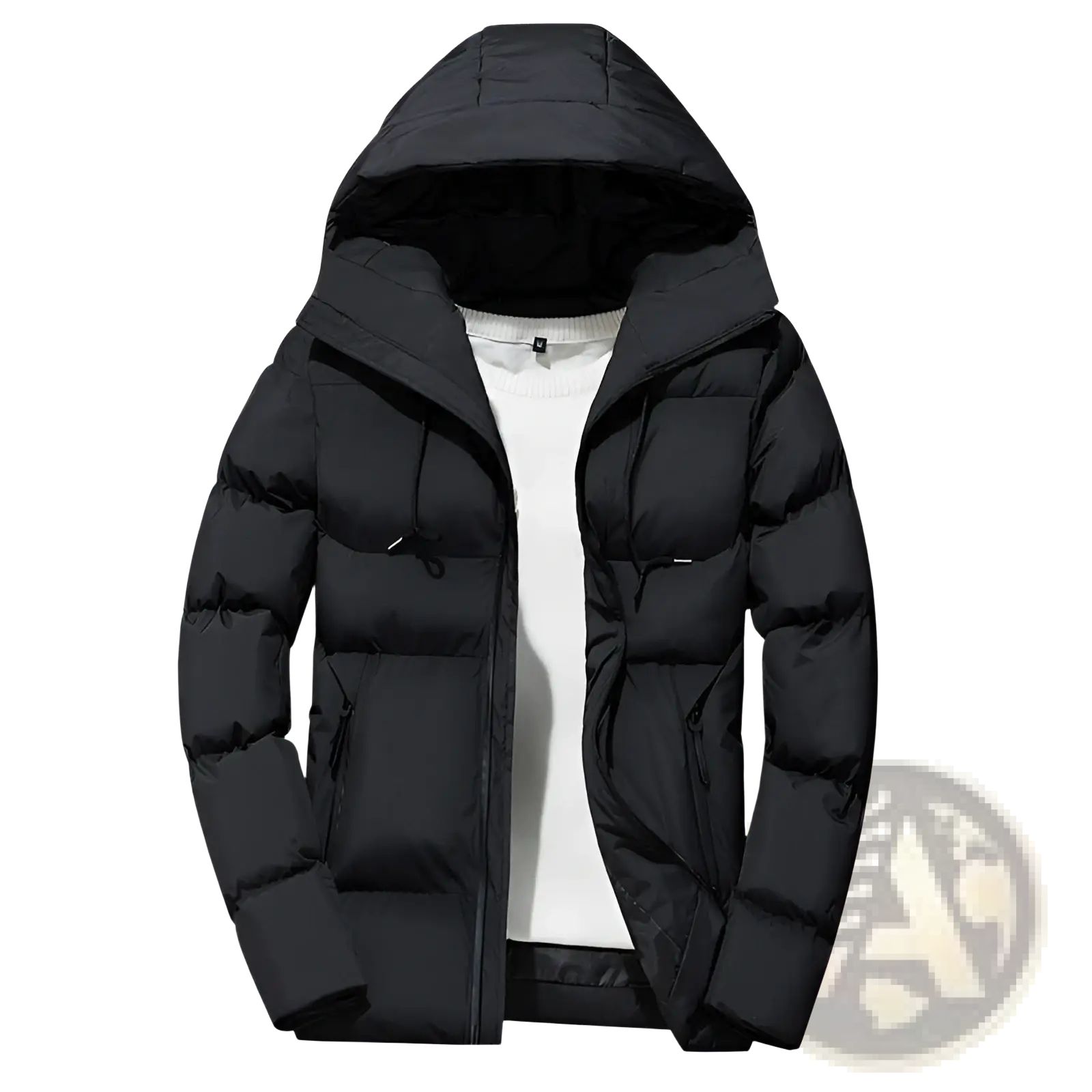 Men’s black hooded quilted puffer jacket with zipper closure featuring insulated material for cold weather use
