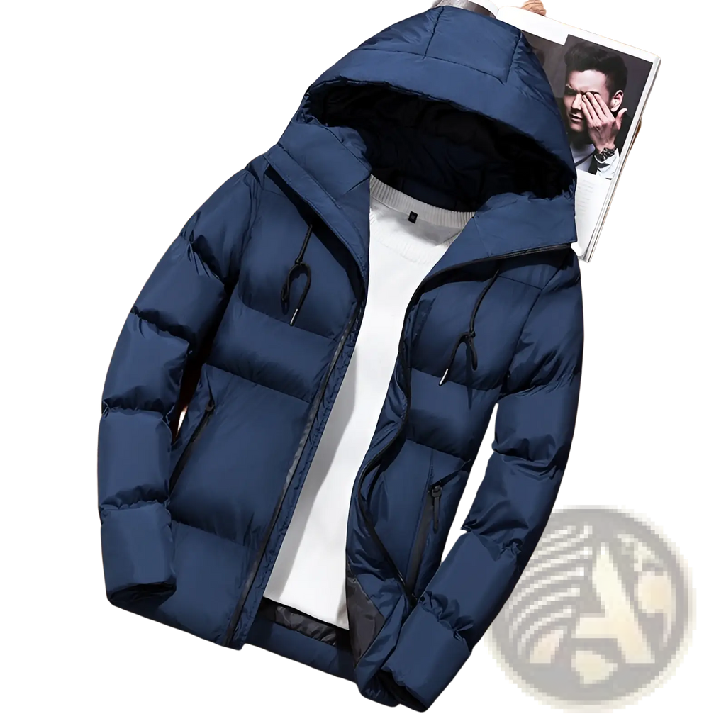 Men’s navy blue hooded quilted puffer jacket with front zipper and black drawstrings for cold weather use