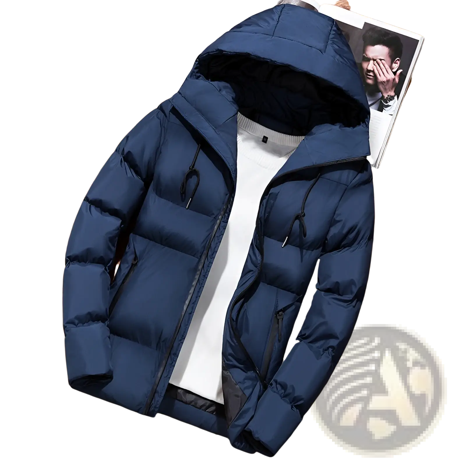 Men’s navy blue hooded quilted puffer jacket with front zipper and black drawstrings for cold weather use