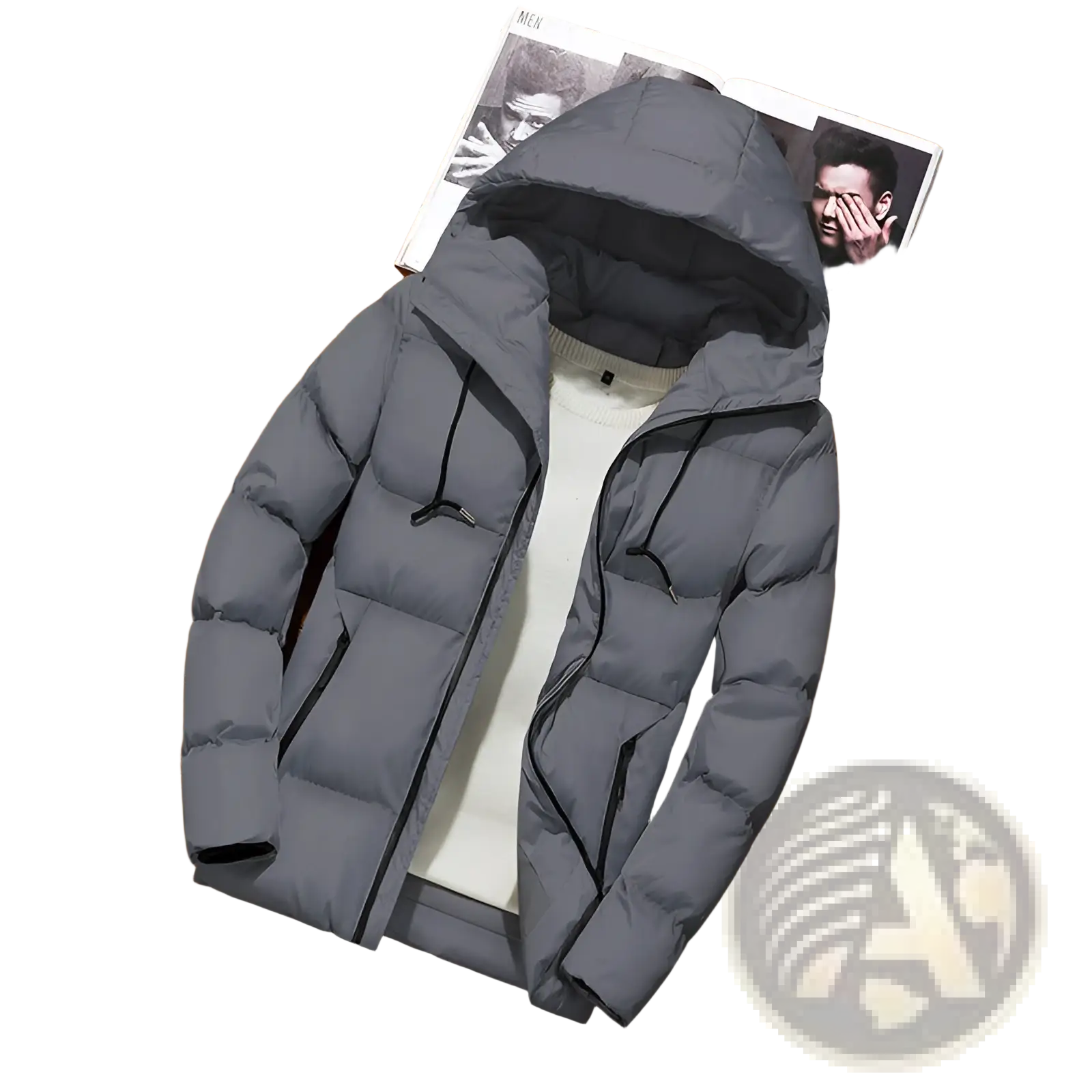 Men’s hooded quilted gray puffer jacket with black zipper accents and zipper closure for cold weather wear