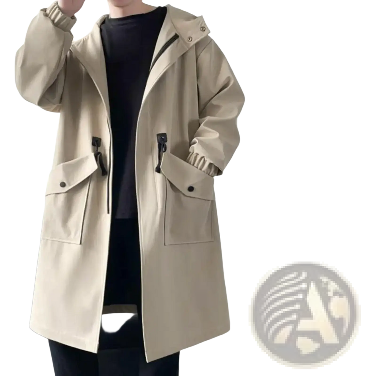 Beige men’s hooded streetwear trench coat with front zipper closure large patch pockets and black drawstrings