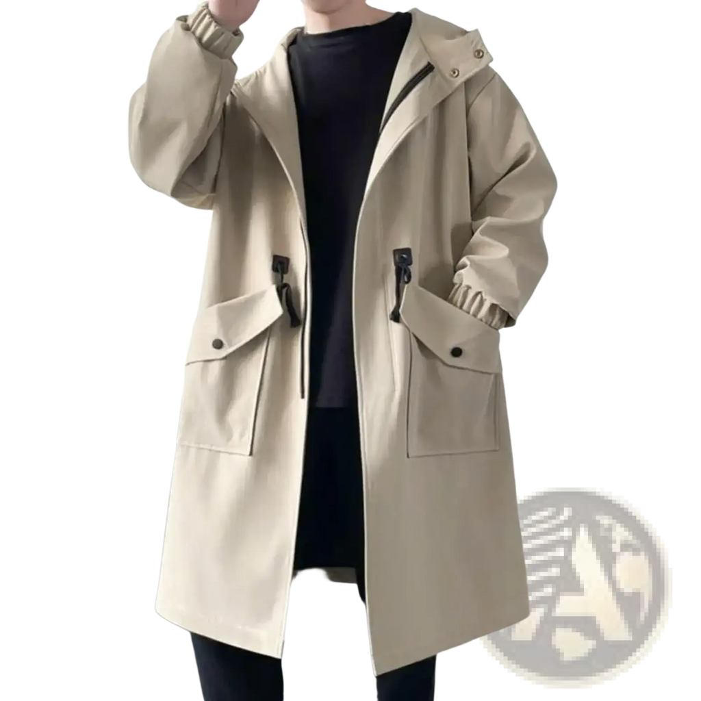 Men’s beige hooded streetwear trench coat with large patch pockets and ribbed cuffs for casual outerwear