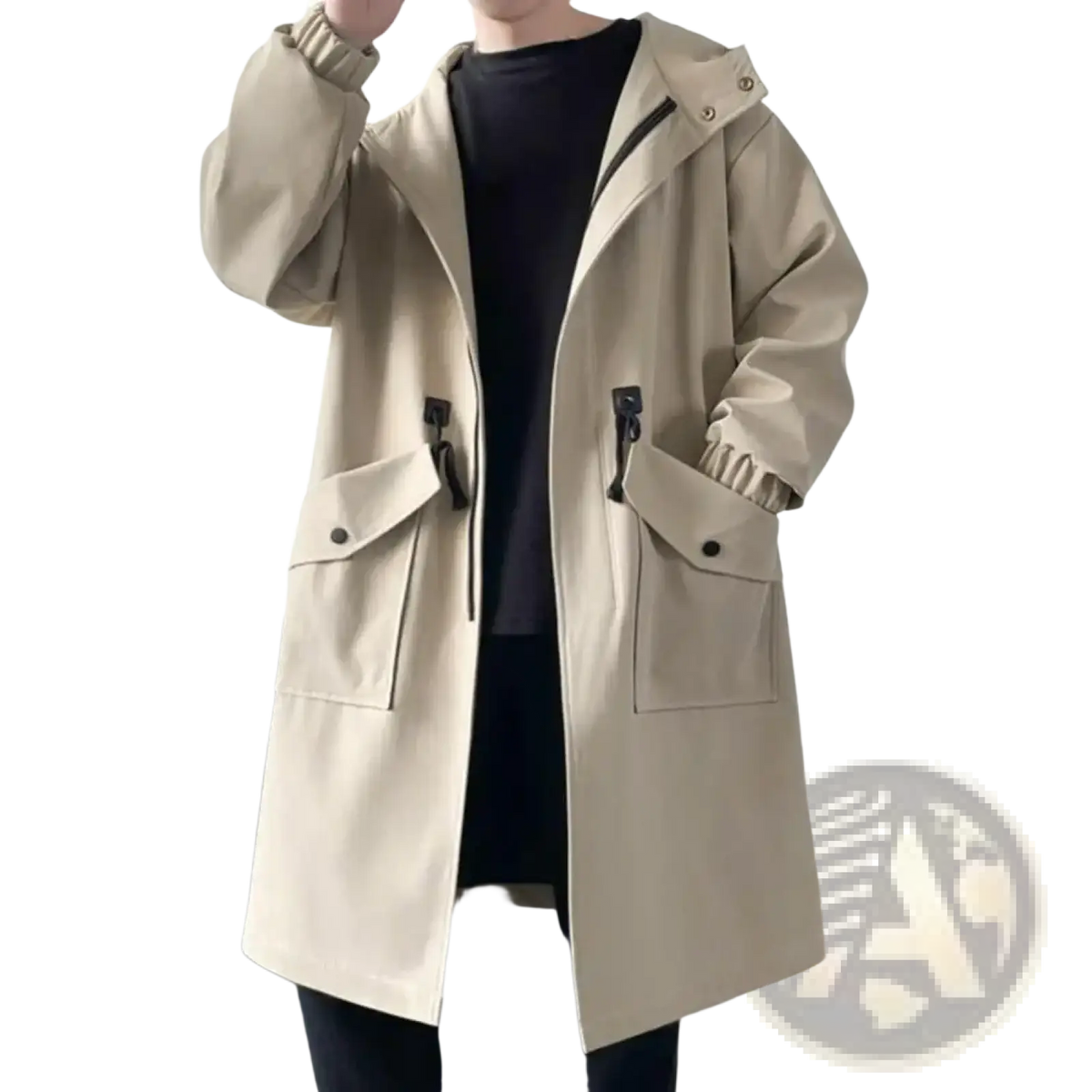 Men’s beige hooded streetwear trench coat with large patch pockets and ribbed cuffs for casual outerwear