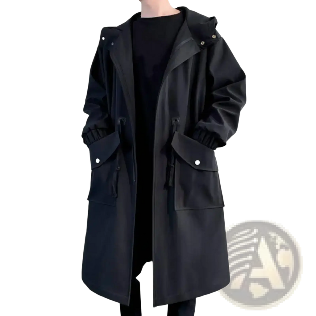 Men’s black hooded streetwear trench coat with drawstring cuffs and silver-toned button accents