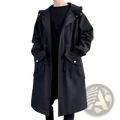 Men’s black hooded streetwear trench coat with drawstring cuffs and silver-toned button accents