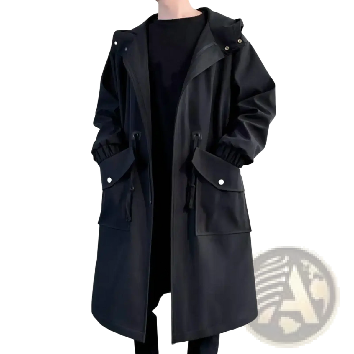 Men’s black hooded streetwear trench coat with drawstring cuffs and silver-toned button accents