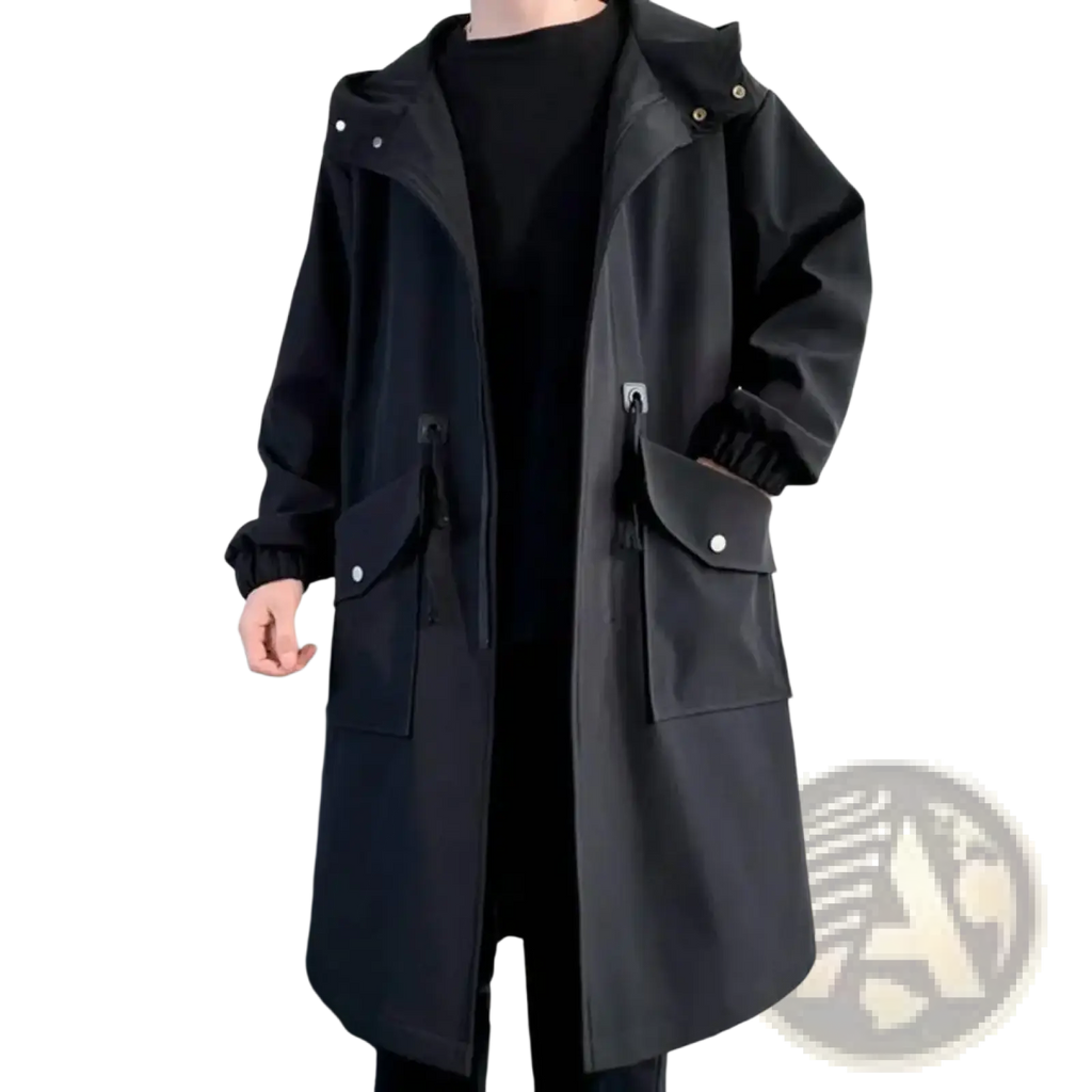 Men’s black hooded streetwear trench coat with drawstring pockets and silver toned button accents