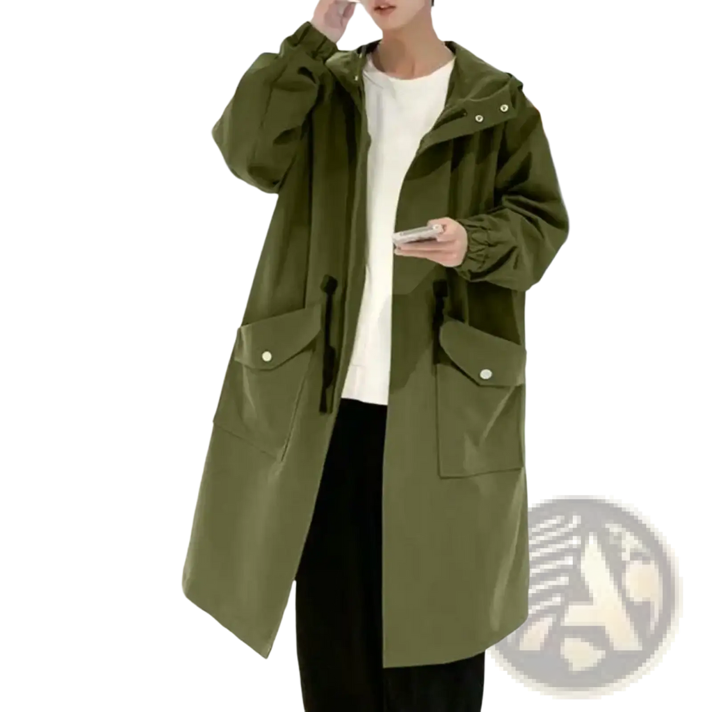 Men’s olive green hooded streetwear trench coat with large front pockets and button closures for casual wear