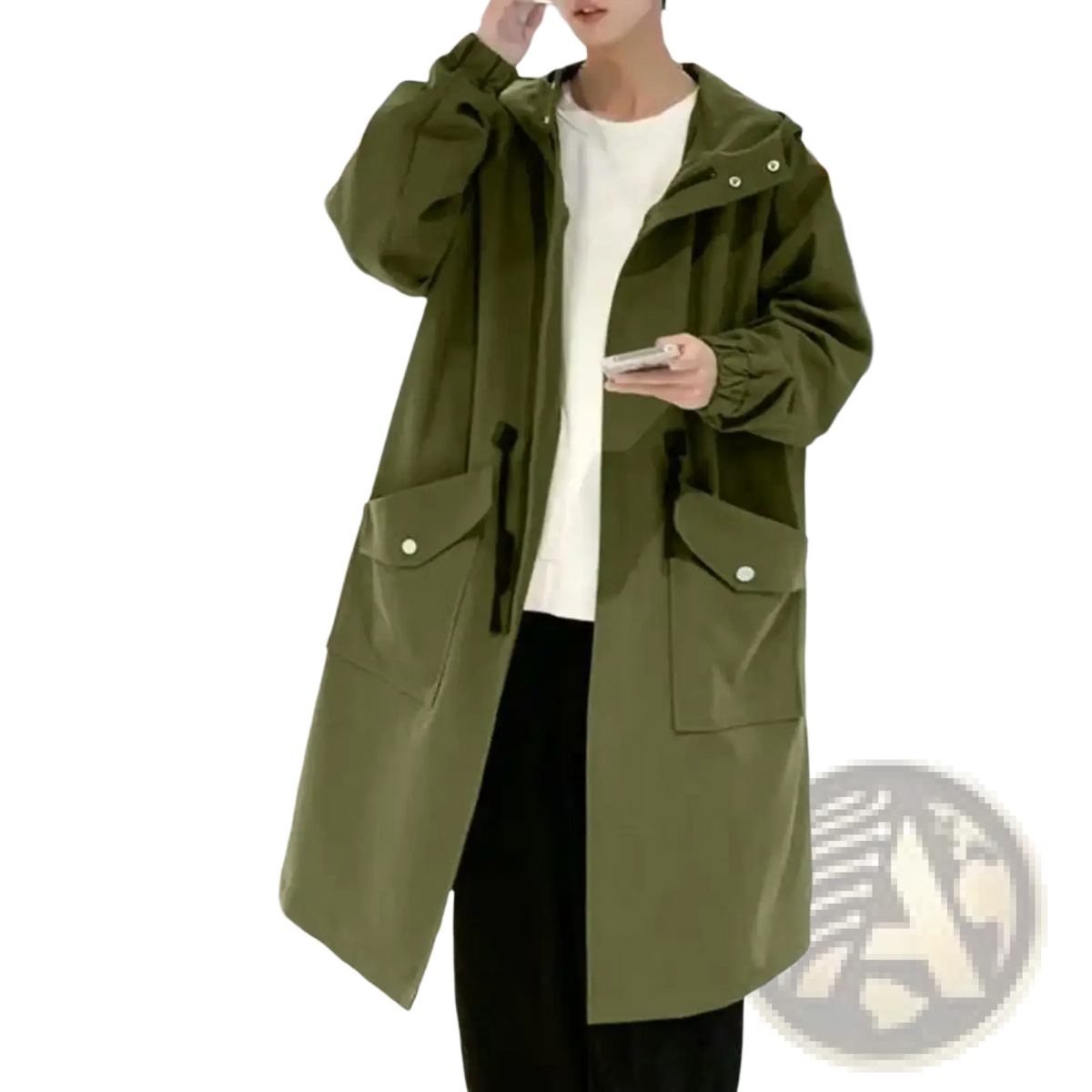 Men’s olive green hooded streetwear trench coat with large front pockets and button closures for casual wear