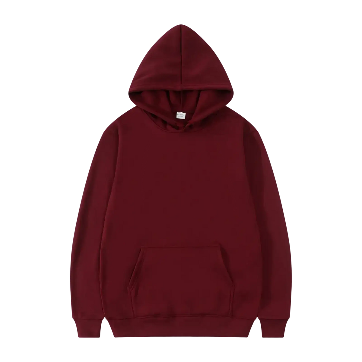 A maroon hooded sweatshirt casual pullover with front pocket and ribbed cuffs for men’s casual wear