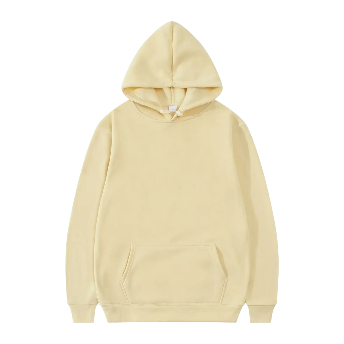 Men’s casual pullover hoodie in soft pale yellow with a hood front pocket and ribbed cuffs