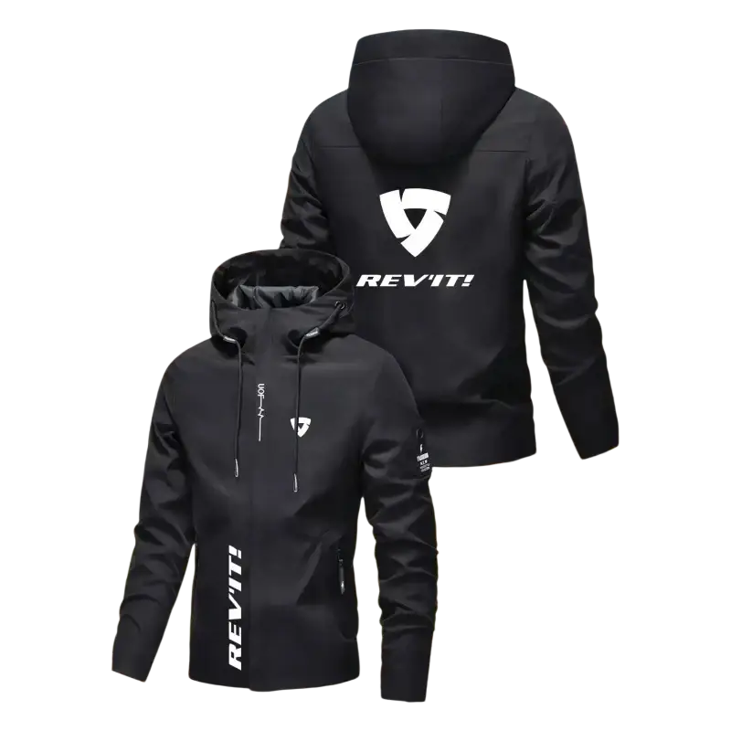 Black rev’it! men’s hooded windproof motorcycle jacket with white logo and zipper details, front view
