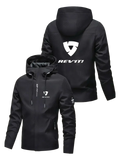 Black rev’it! men’s hooded windproof motorcycle jacket with white logo and zipper details