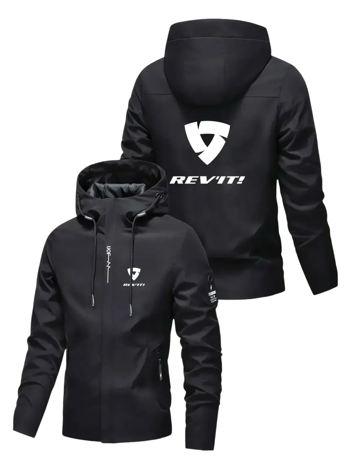 Black rev’it! men’s hooded windproof motorcycle jacket with white logo and zipper details