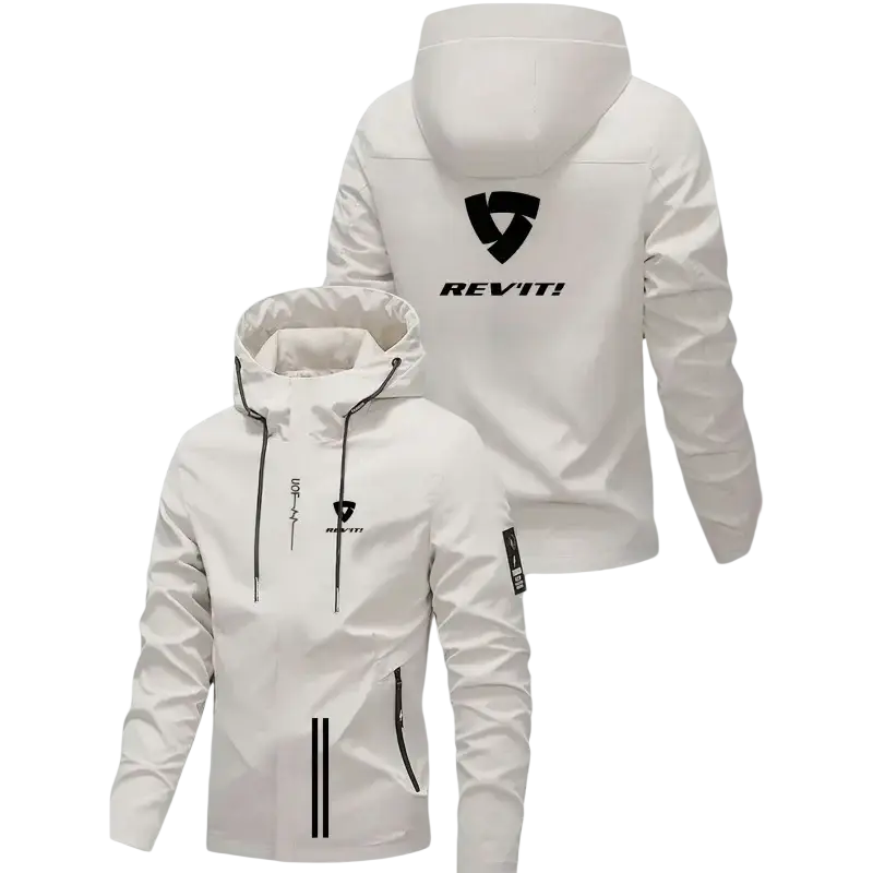 White rev’it! men’s hooded windproof motorcycle jacket with black logo and zipper accents in front view