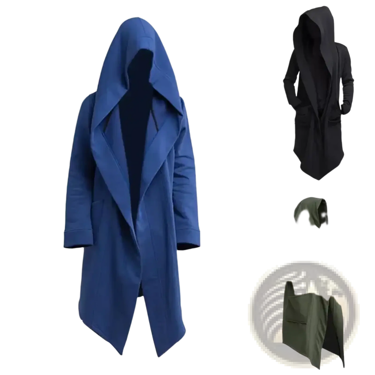 Men’s blue hooded winter trench coat with long flowing silhouette and relaxed fit for casual wear