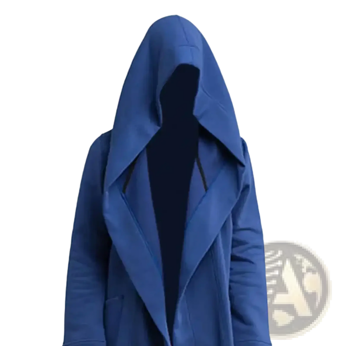 Men’s deep blue hooded winter trench coat with structured tailored silhouette and visible black zipper details