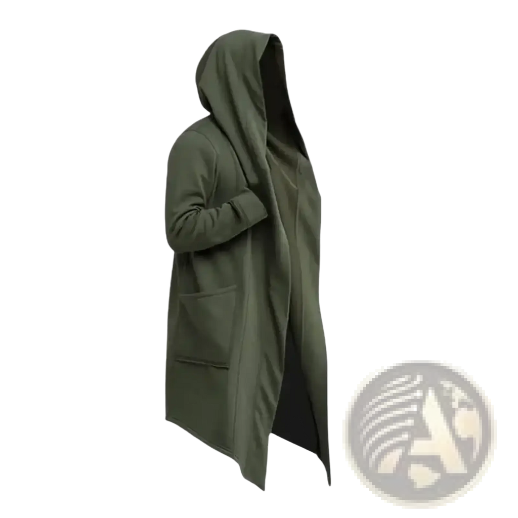Men’s olive green hooded winter trench coat with relaxed fit and front pockets for casual wear
