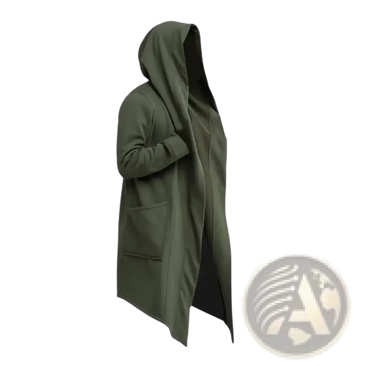 Men’s olive green hooded winter trench coat with relaxed fit and front pockets for casual wear