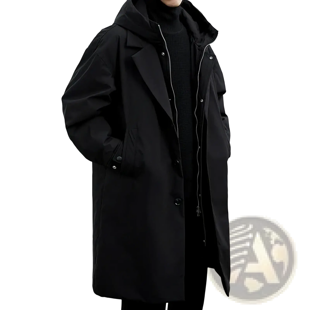 Mens hooded winter trench coat plus size in black with sleek modern design and subtle silver zipper accents