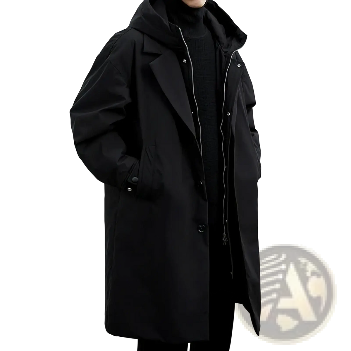 Mens hooded winter trench coat plus size in black with sleek modern design and subtle silver zipper accents