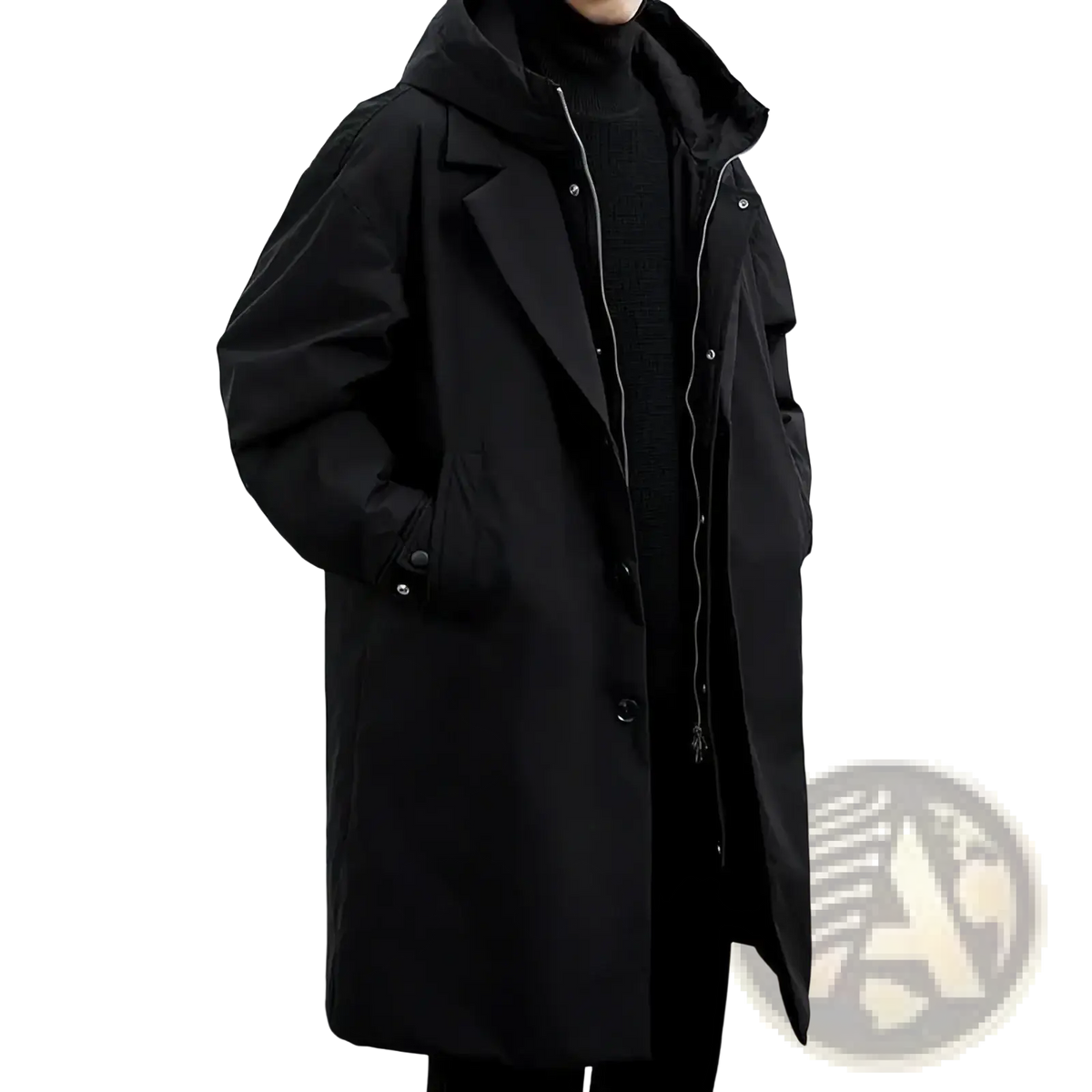 Mens hooded winter trench coat plus size in black with a sleek minimalist design and subtle silver zipper accents