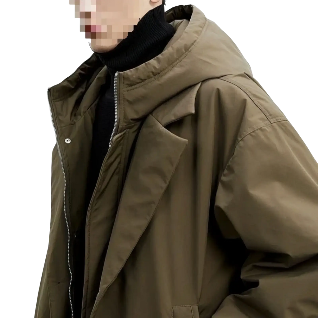 Mens hooded winter trench coat plus size in olive green with zipper front and black inner lining for cold weather