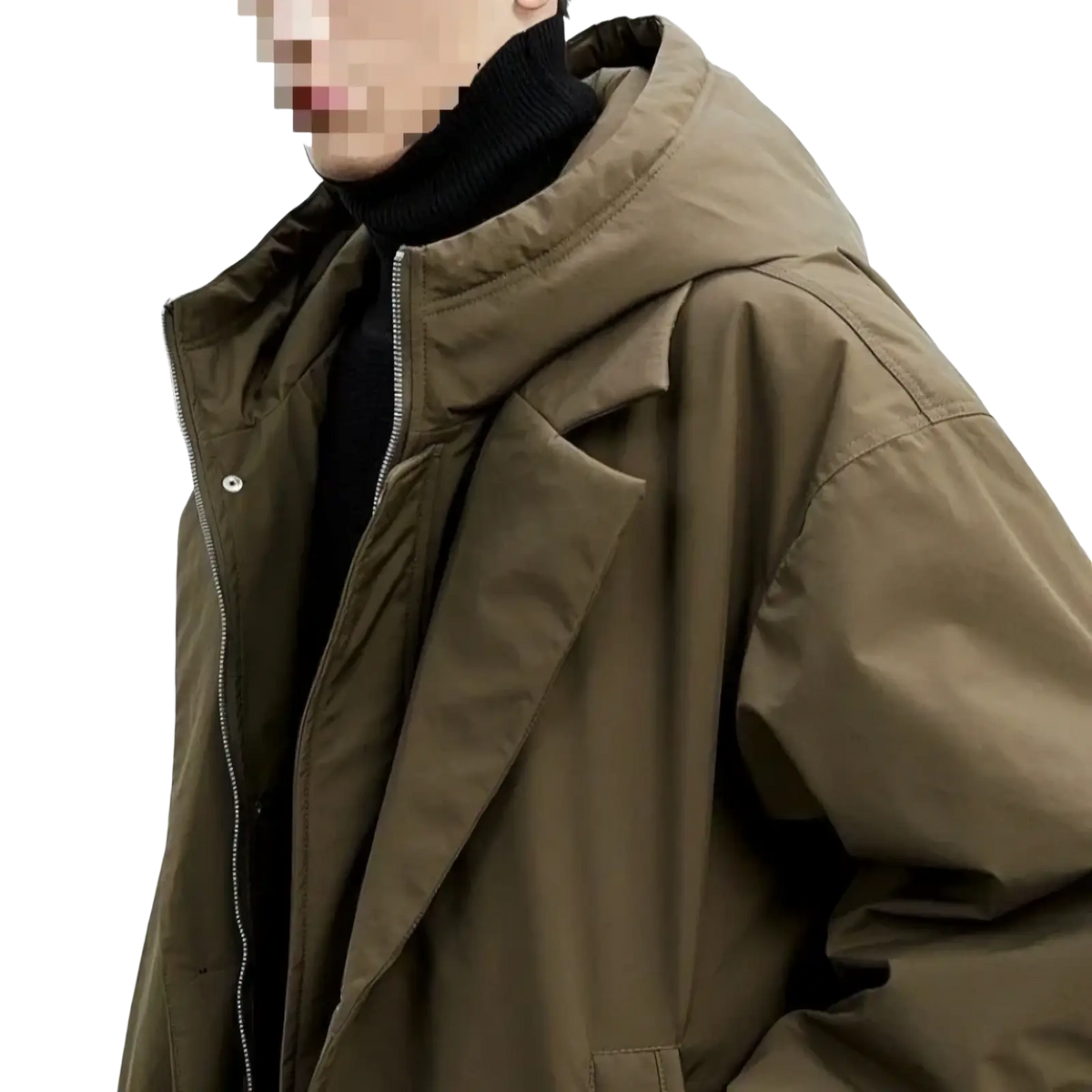Mens hooded winter trench coat plus size in olive green with zipper front and black inner lining for cold weather