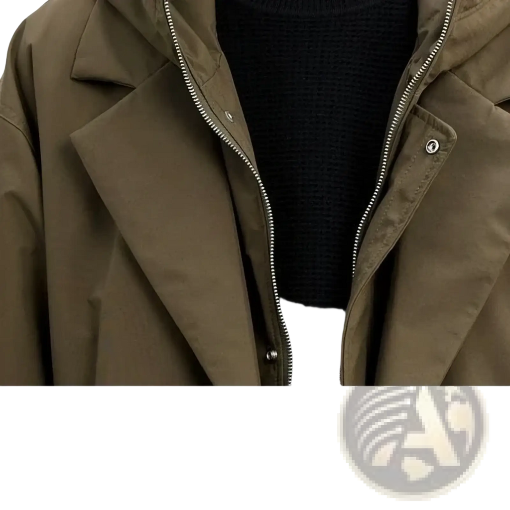 Mens hooded winter trench coat in olive green with silver zipper and button details for plus size wear
