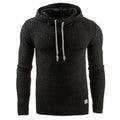 Men’s premium textured fleece lined thermal hoodie in black knit with gray drawstrings and tan aglet tips