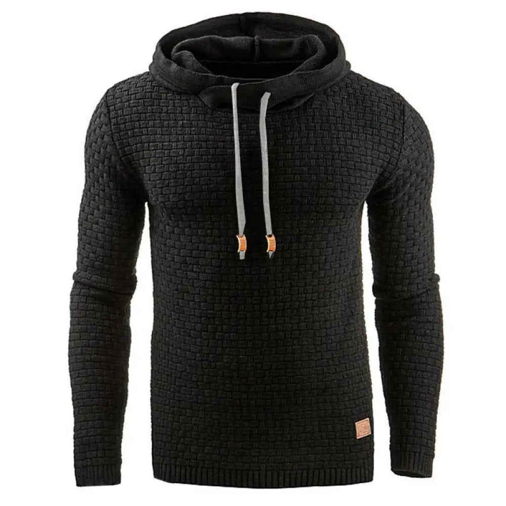 Men’s premium textured fleece lined thermal hoodie in black knit with gray drawstrings and tan aglet tips