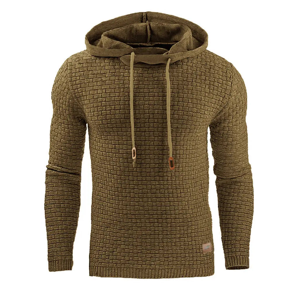 Men’s premium fleece lined thermal hoodie in olive green with woven texture, matching drawstrings, and brown metal toggles