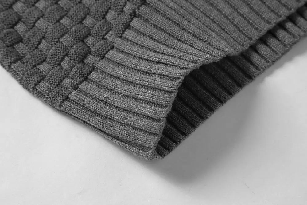 Men’s premium gray ribbed knit sweater with textured woven pattern along the neckline in fleece lined thermal fabric