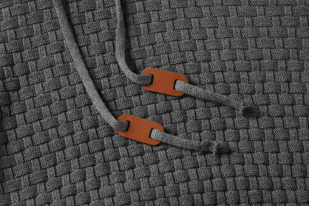 Men’s premium textured fleece lined thermal hoodie in gray woven fabric with orange leather aglets on drawstrings