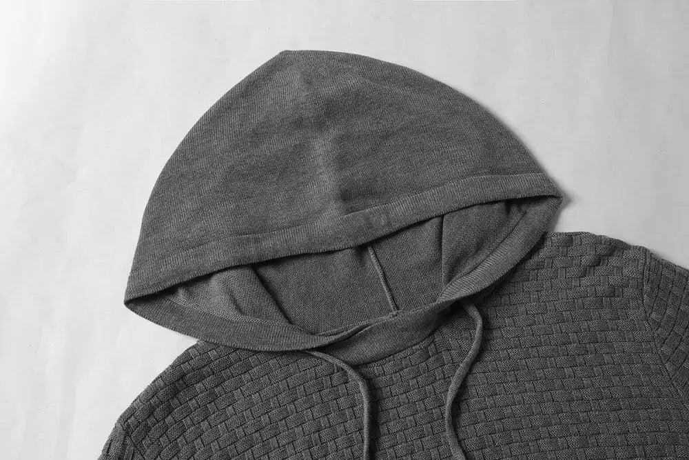 Men’s premium gray knit hoodie with textured woven pattern fleece lined thermal fabric and matching drawstrings