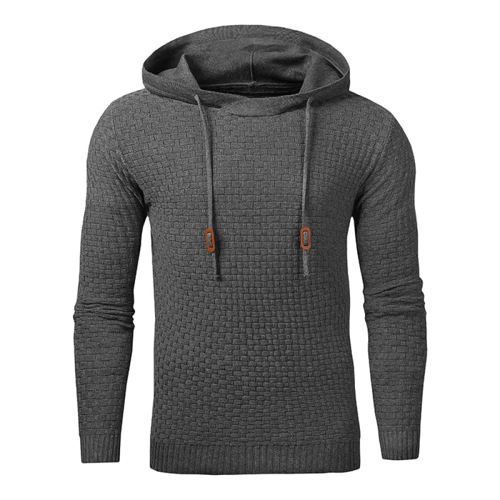 Men’s premium dark gray textured knit fleece lined thermal hoodie with brown leather toggle drawstrings