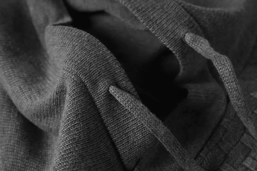 Men’s premium textured fleece lined thermal hoodie in gray knit fabric with matching drawstring cords
