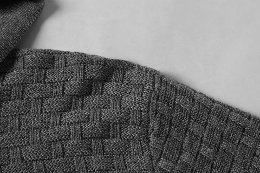 Dark gray knitted fabric with textured woven pattern on men’s premium textured fleece lined thermal hoodie