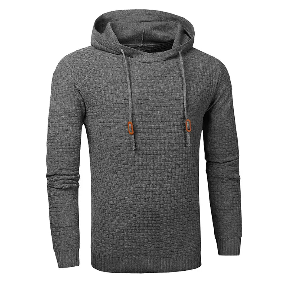 Men’s premium textured fleece lined thermal hoodie in gray knit with drawstrings and brown leather toggle accents